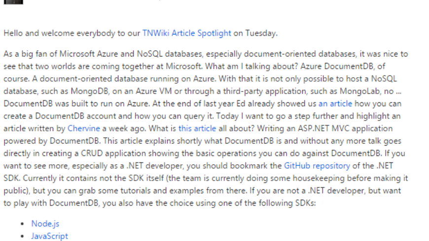 TNWiki Article Spotlight – Using Microsoft Azure DocumentDB in an ASP.NET MVC Application