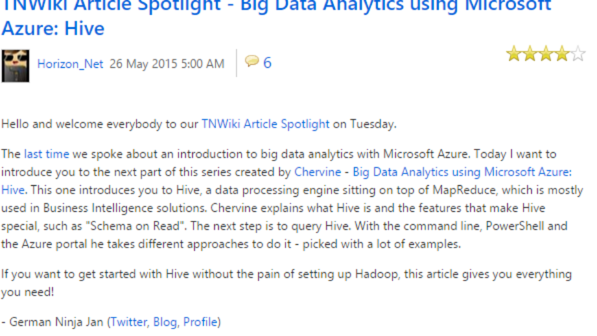 TNWiki Article Spotlight – Big Data Analytics using Microsoft Azure: Hive