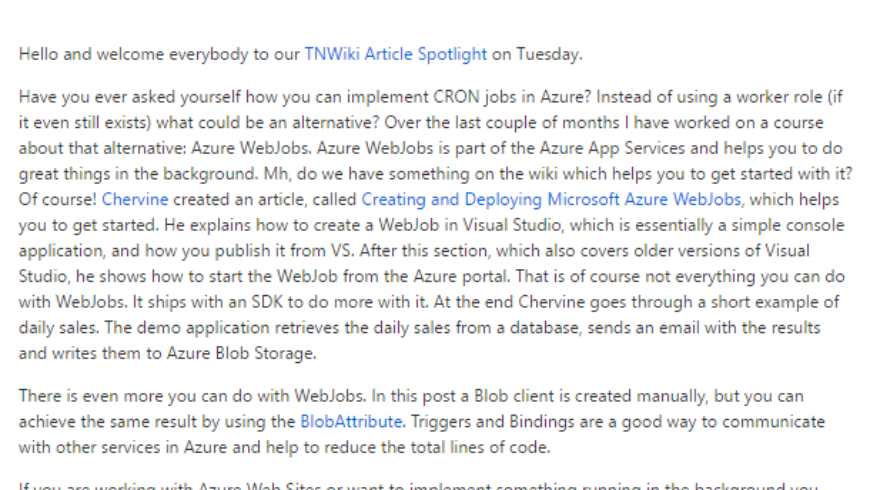 TNWiki Article Spotlight – Creating and Deploying Microsoft Azure WebJobs