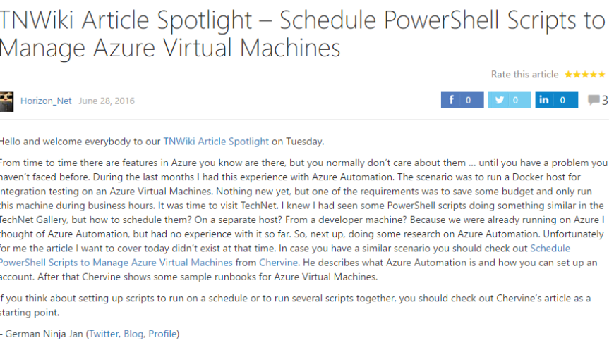 TNWiki Article Spotlight – Schedule PowerShell Scripts to Manage Azure Virtual Machines